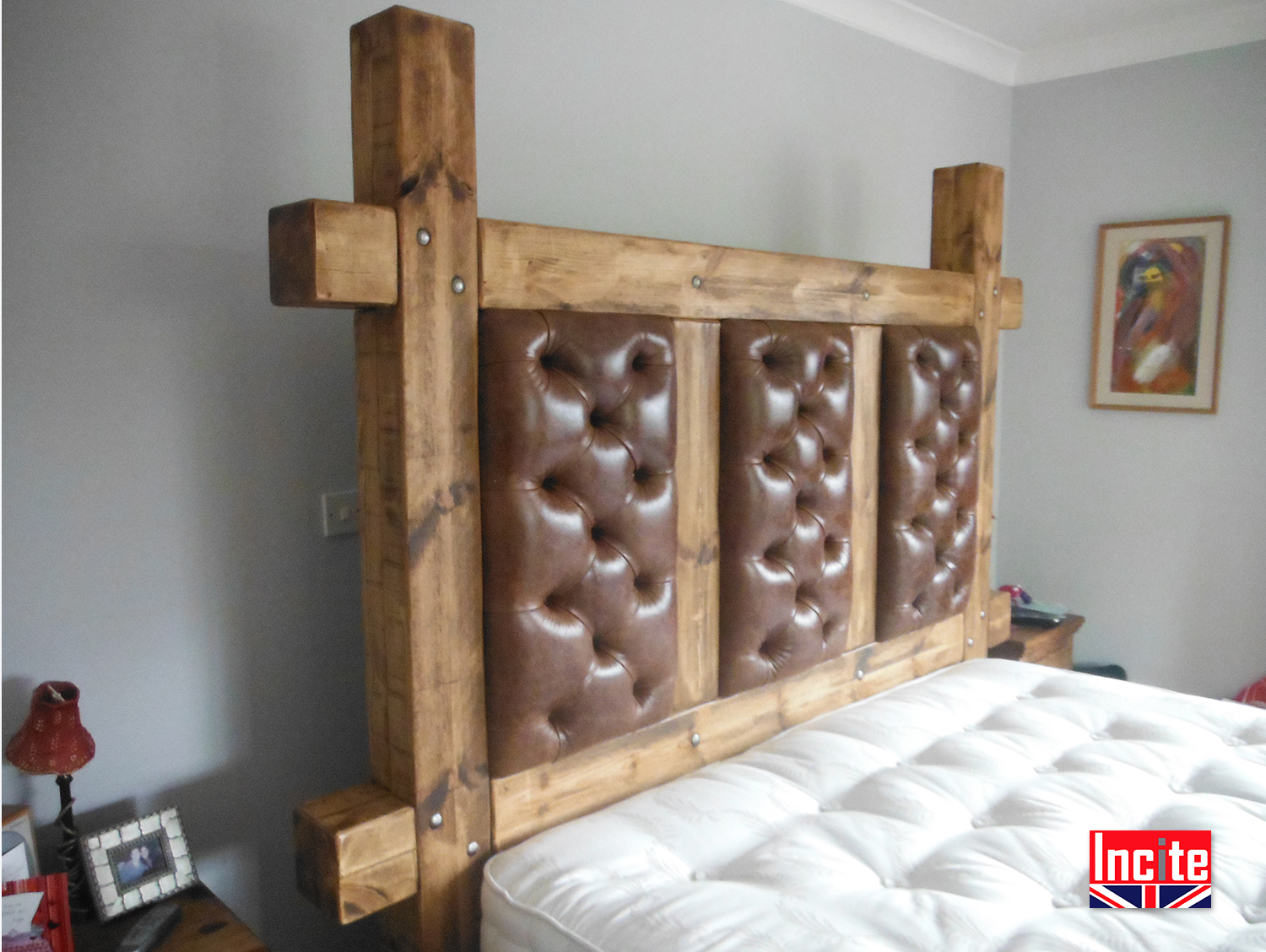 Rustic Plank Pine Drawer Bed With Leather Buttoned Headboard